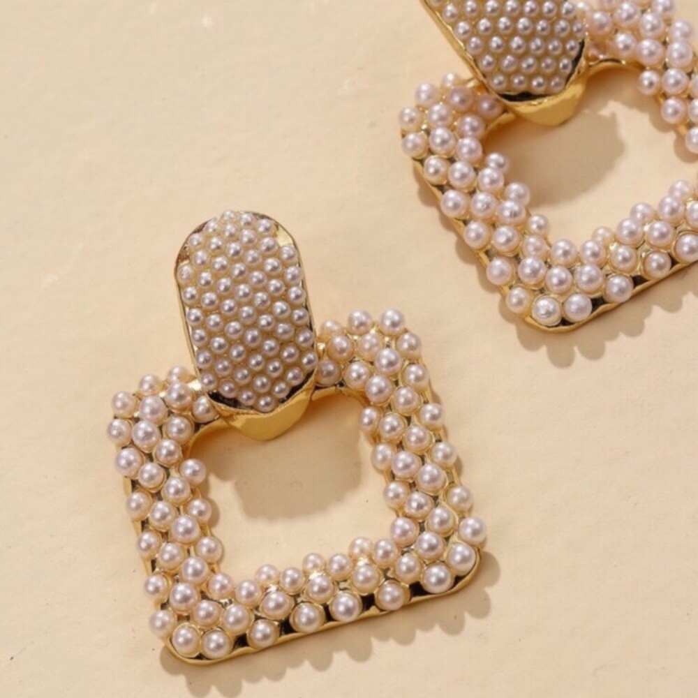ZARA Pearl Earrings Square Doorknocker Large Gold - Picture 4 of 6